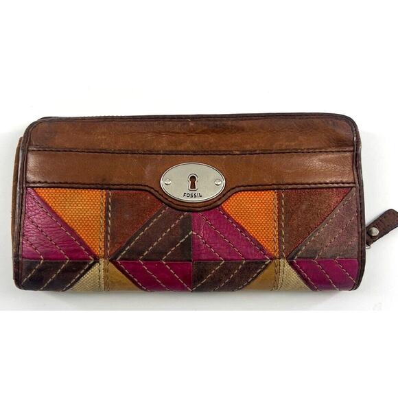 Vintage Fossil Brown Patchwork Suede & Leather Zip Clutch Boho Hippie Wallet - Picture 1 of 7